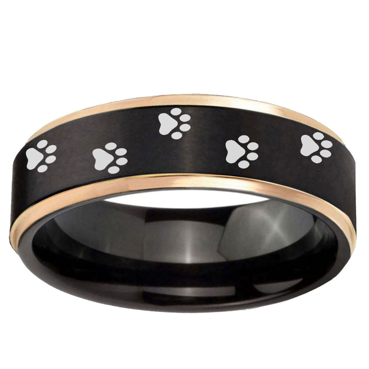 6mm Paw Print Rose Gold Step Edge Black Tungsten Ring