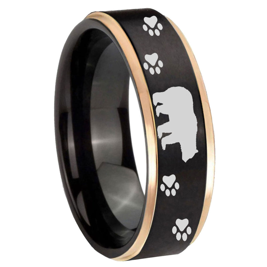 8mm Bear and Paw Rose Gold Step Edge Black Tungsten Ring