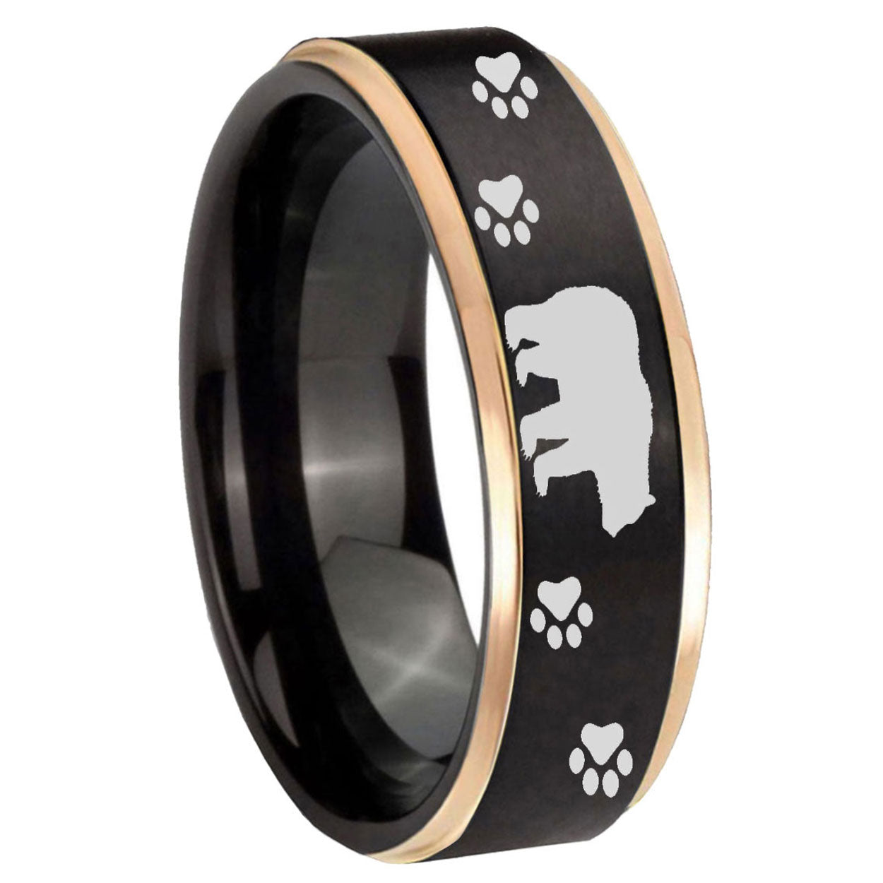 8mm Bear and Paw Rose Gold Step Edge Black Tungsten Ring