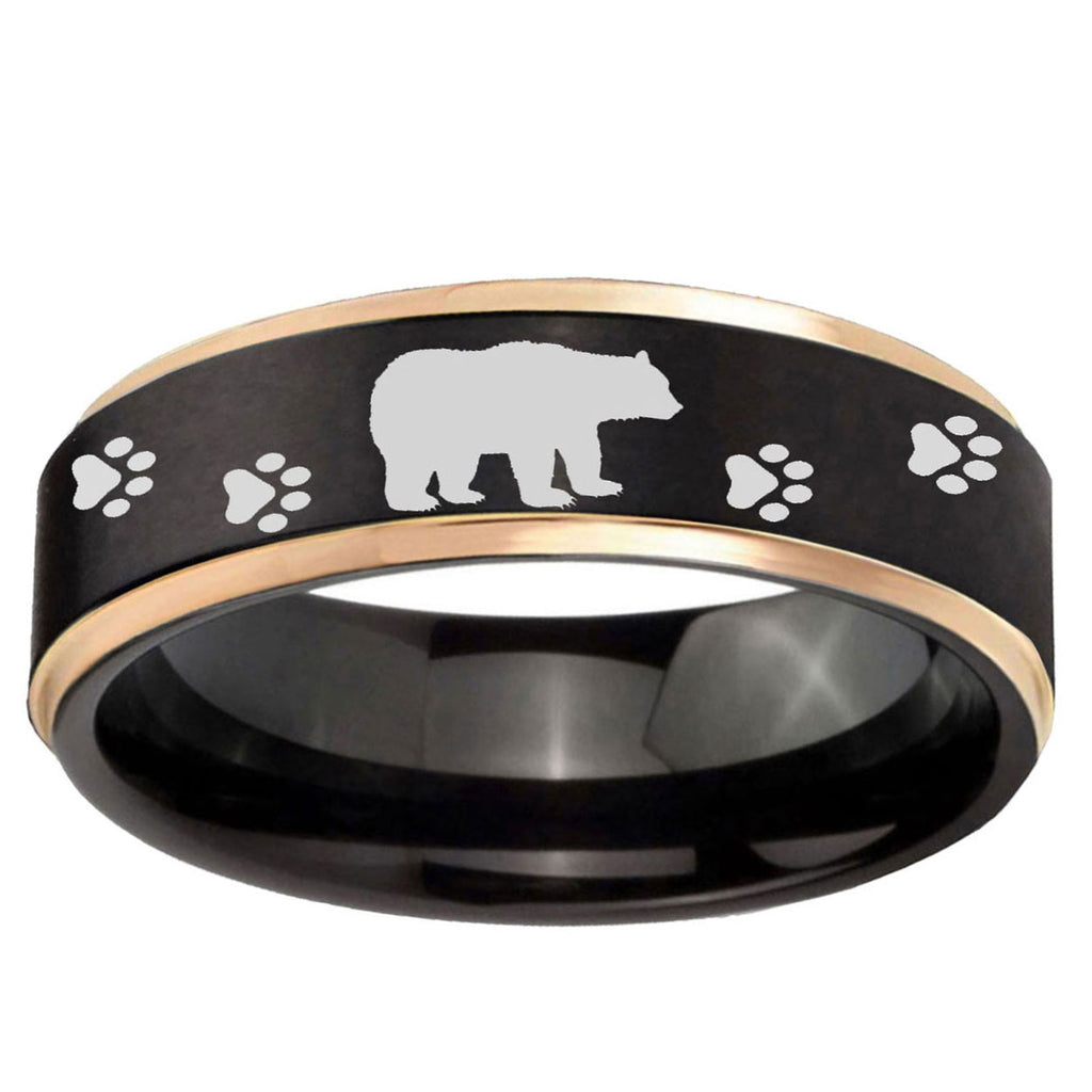 6mm Bear and Paw Rose Gold Step Edge Black Tungsten Ring