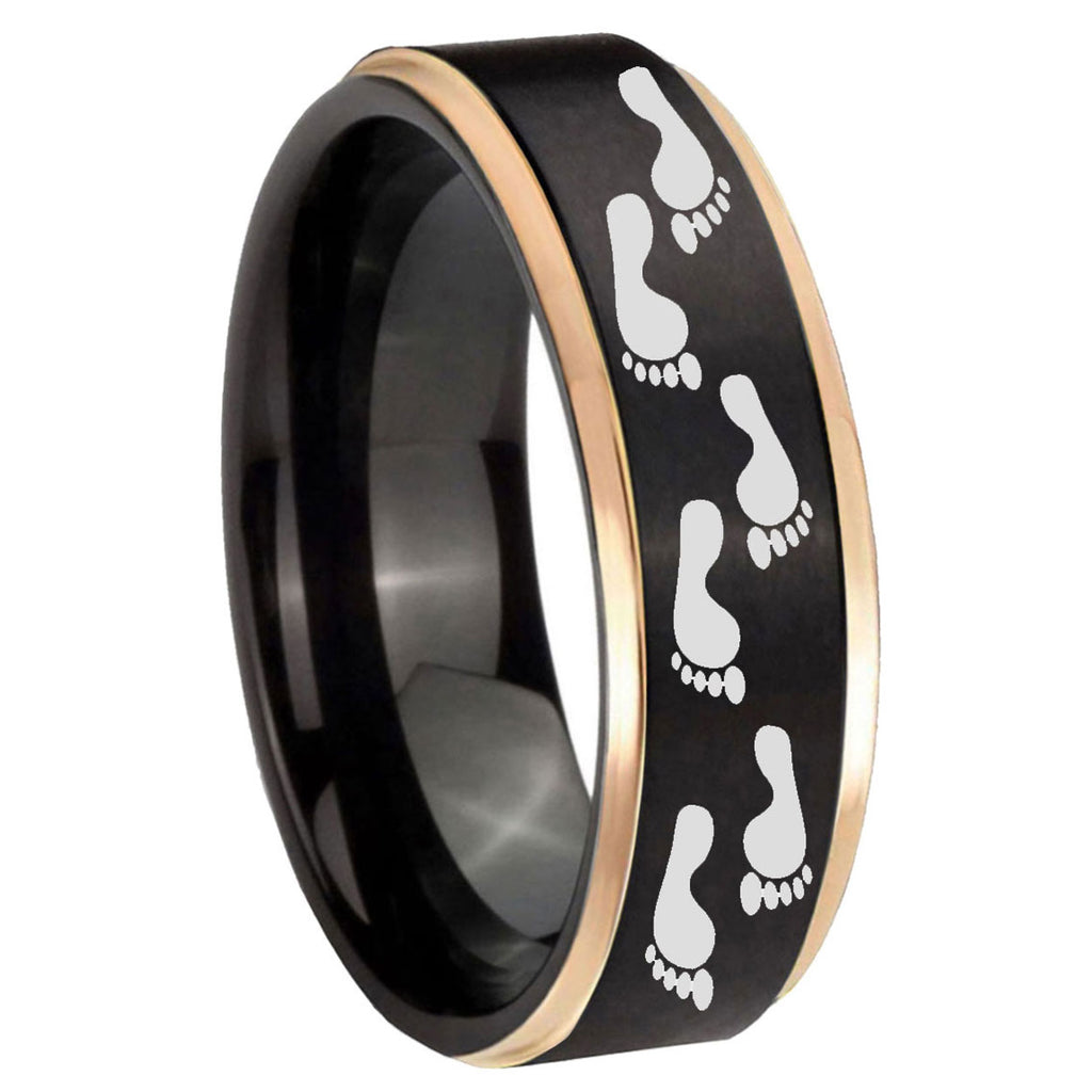 8mm Foot Print Rose Gold Step Edge Black Tungsten Ring
