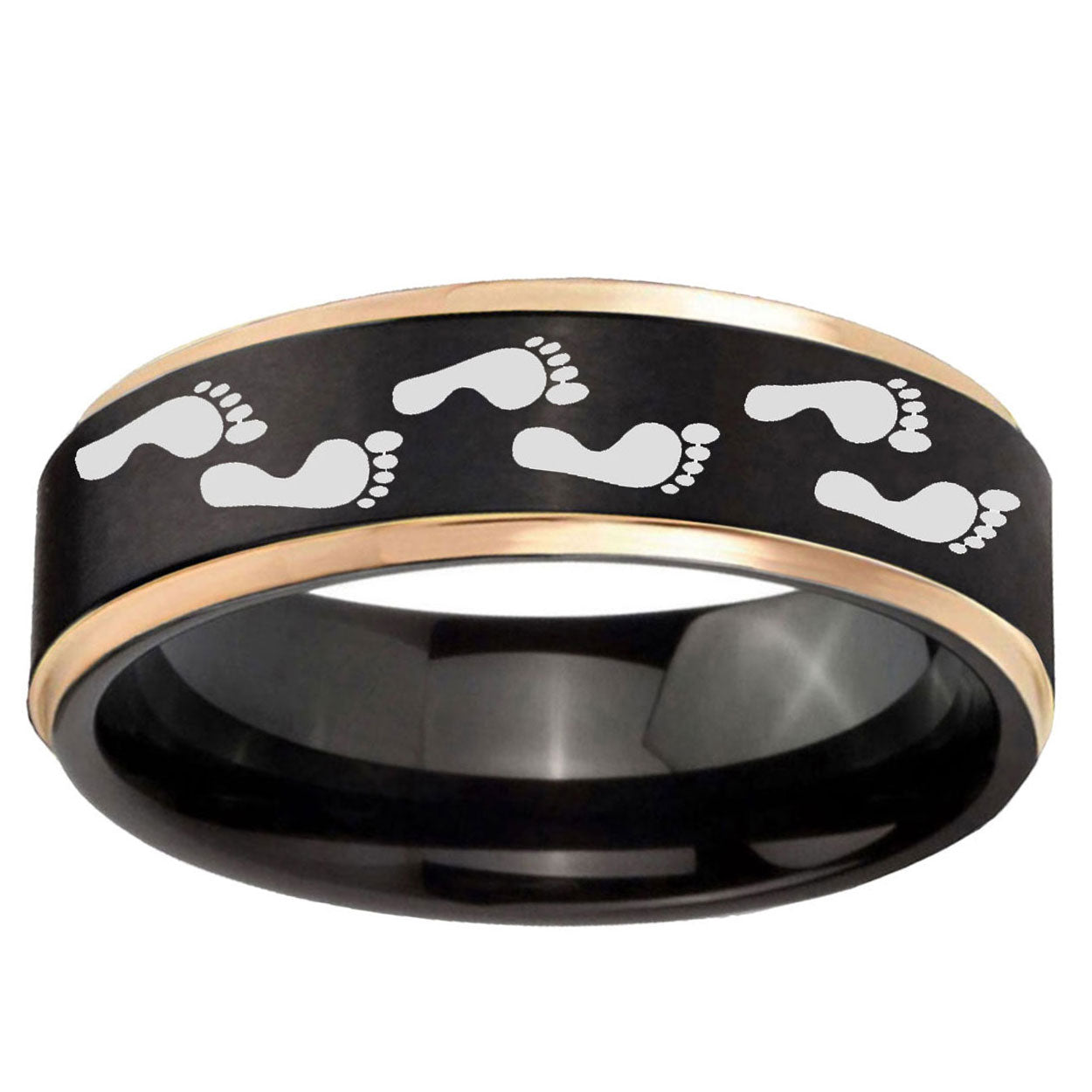 6mm Foot Print Rose Gold Step Edge Black Tungsten Ring
