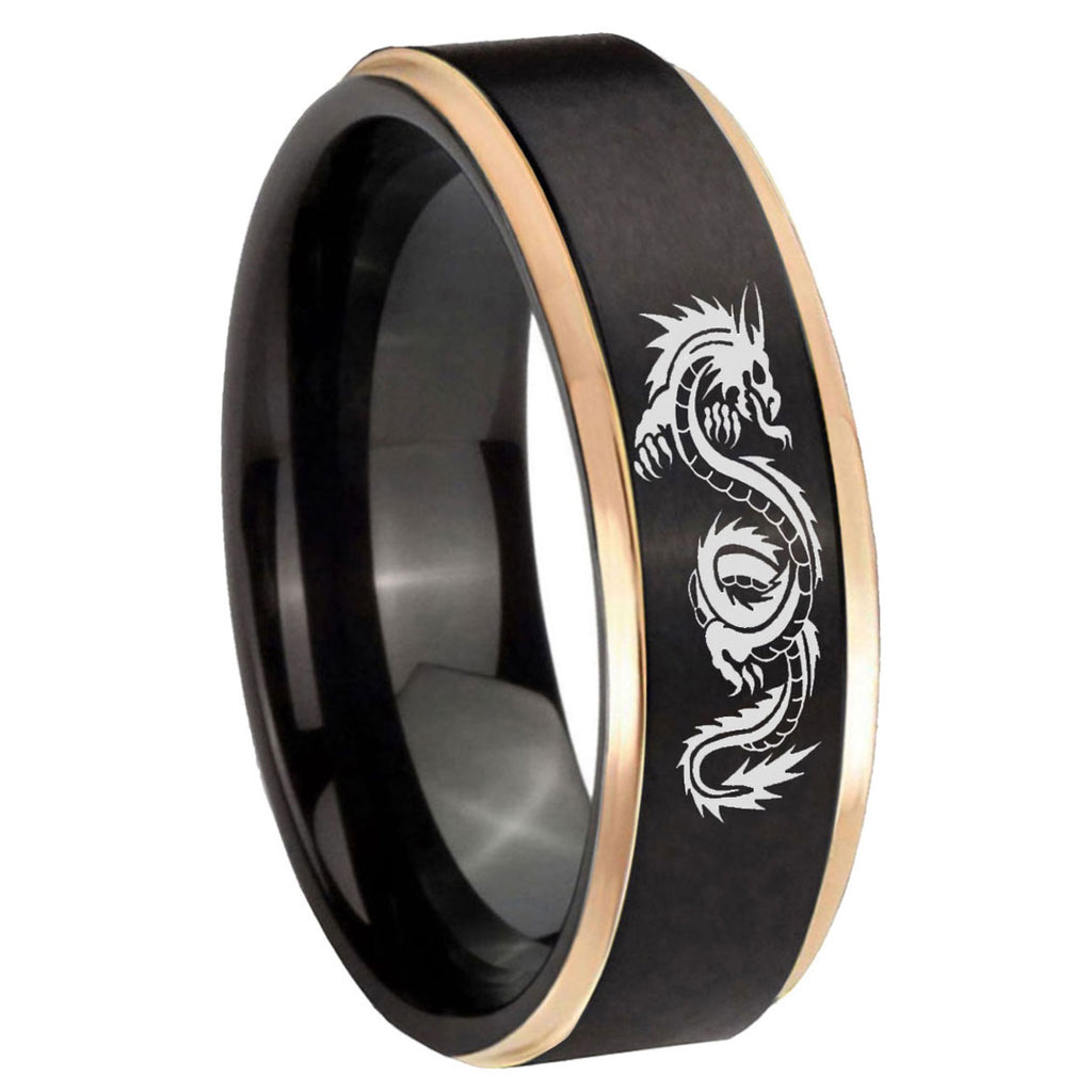 8mm Dragon Rose Gold Step Edge Black Tungsten Engraved Ring