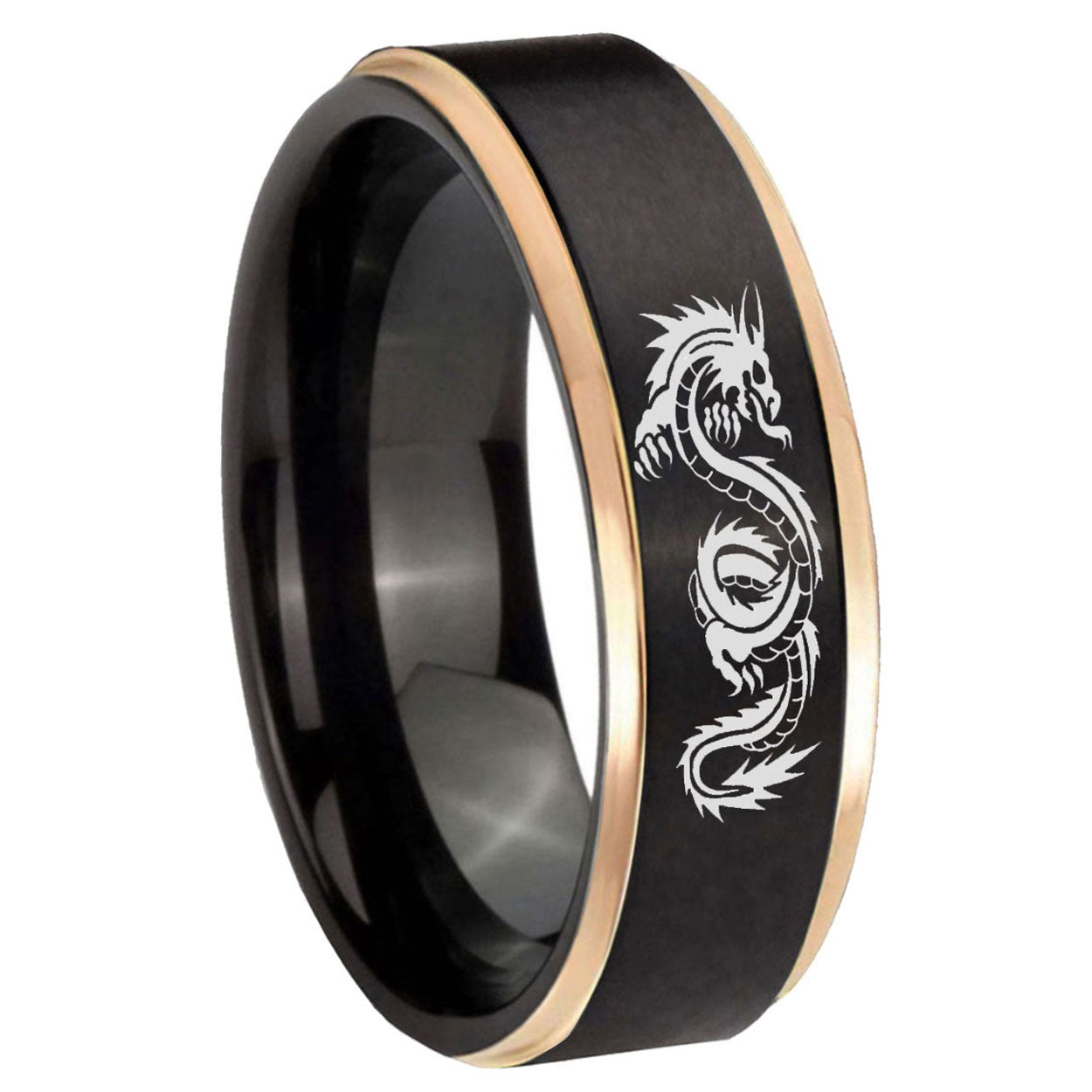 8mm Dragon Rose Gold Step Edge Black Tungsten Engraved Ring