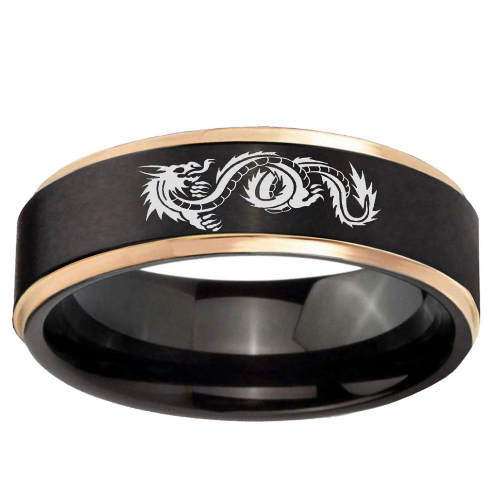 6mm Dragon Rose Gold Step Edge Black Tungsten Engraved Ring