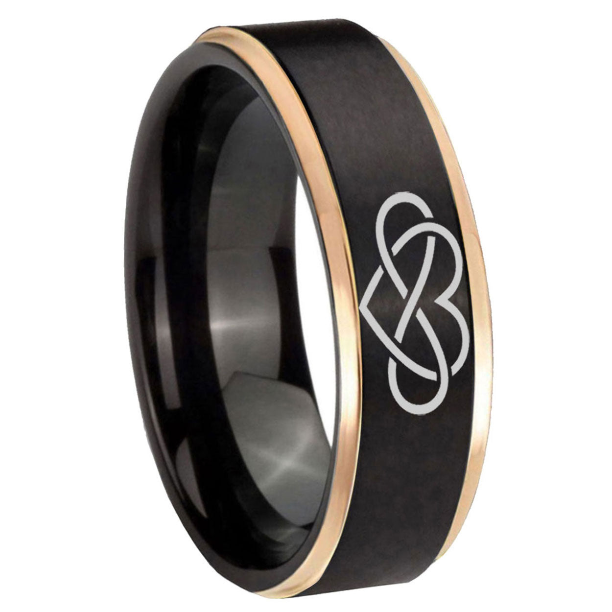 8mm Infinity Love Rose Gold Step Edge Black Tungsten Ring