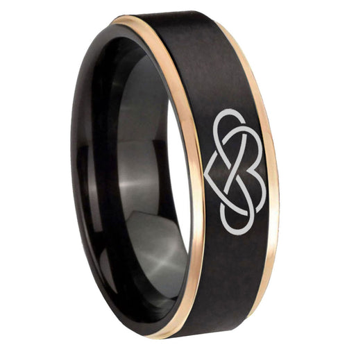 8mm Infinity Love Rose Gold Step Edge Black Tungsten Ring