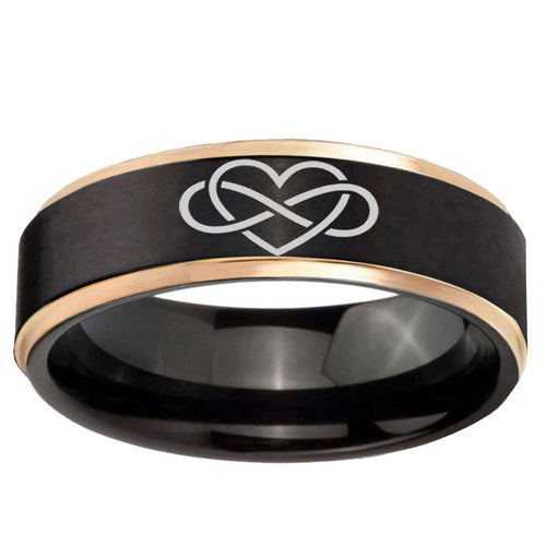 6mm Infinity Love Rose Gold Step Edge Black Tungsten Ring