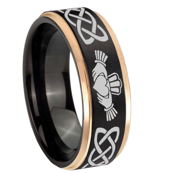 8mm-Irish-Claddagh-Black-Rose-Gold-Step-Edges-Tungsten-Carbide-Mens-Wedding-Ring