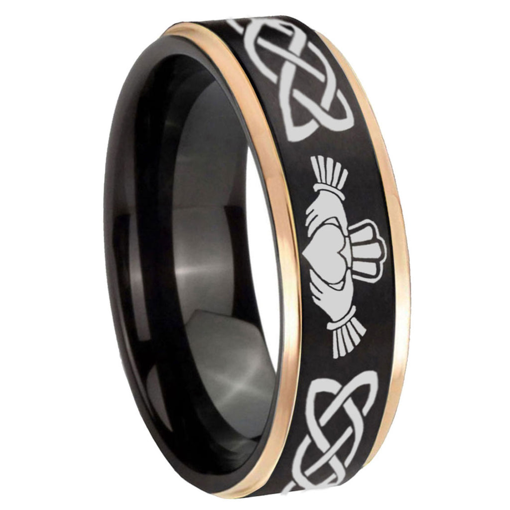 8mm Irish Claddagh Rose Gold Step Edge Black Tungsten Ring
