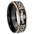 8mm Irish Claddagh Rose Gold Step Edge Black Tungsten Ring