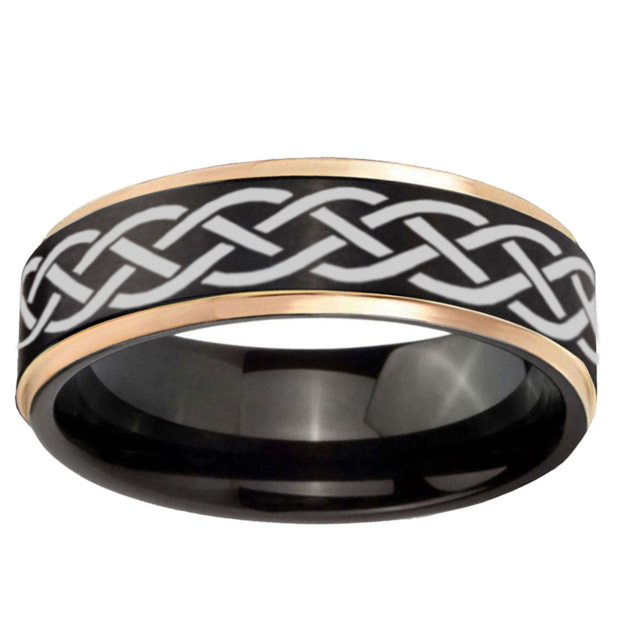 6mm Celtic Knot Rose Gold Step Edge Black Tungsten Mens Ring