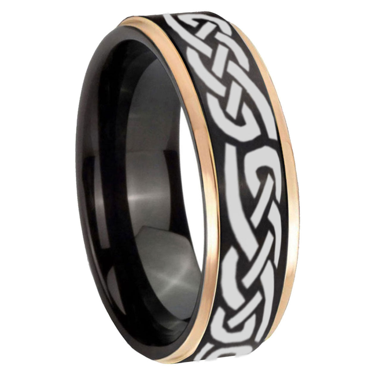 8mm Celtic Knot Infinity Love Rose Gold Step Edge Black Tungsten Ring