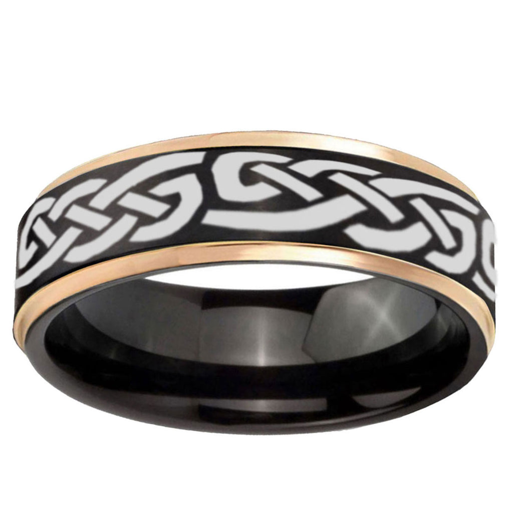 6mm Celtic Knot Infinity Love Rose Gold Step Edge Black Tungsten Ring