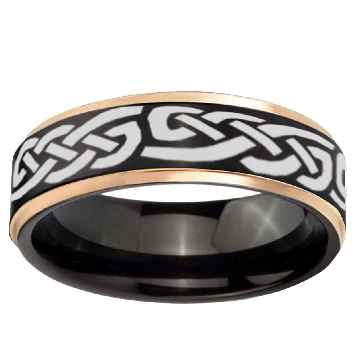 6mm Celtic Knot Infinity Love Rose Gold Step Edge Black Tungsten Ring