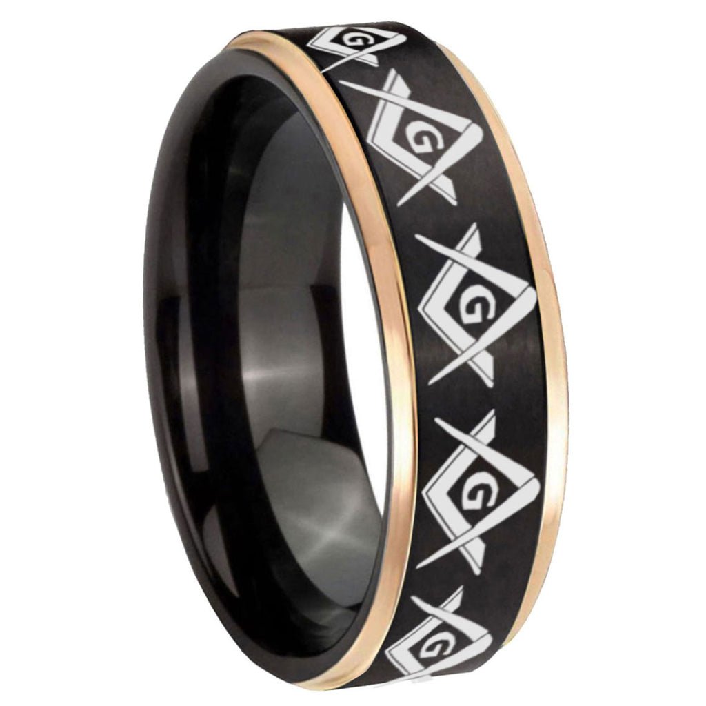 8mm Masonic Square Compass Rose Gold Step Edge Black Tungsten Band