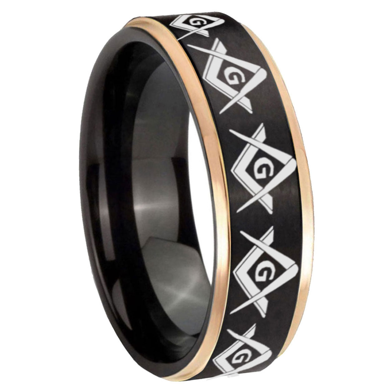 8mm Masonic Square Compass Rose Gold Step Edge Black Tungsten Band
