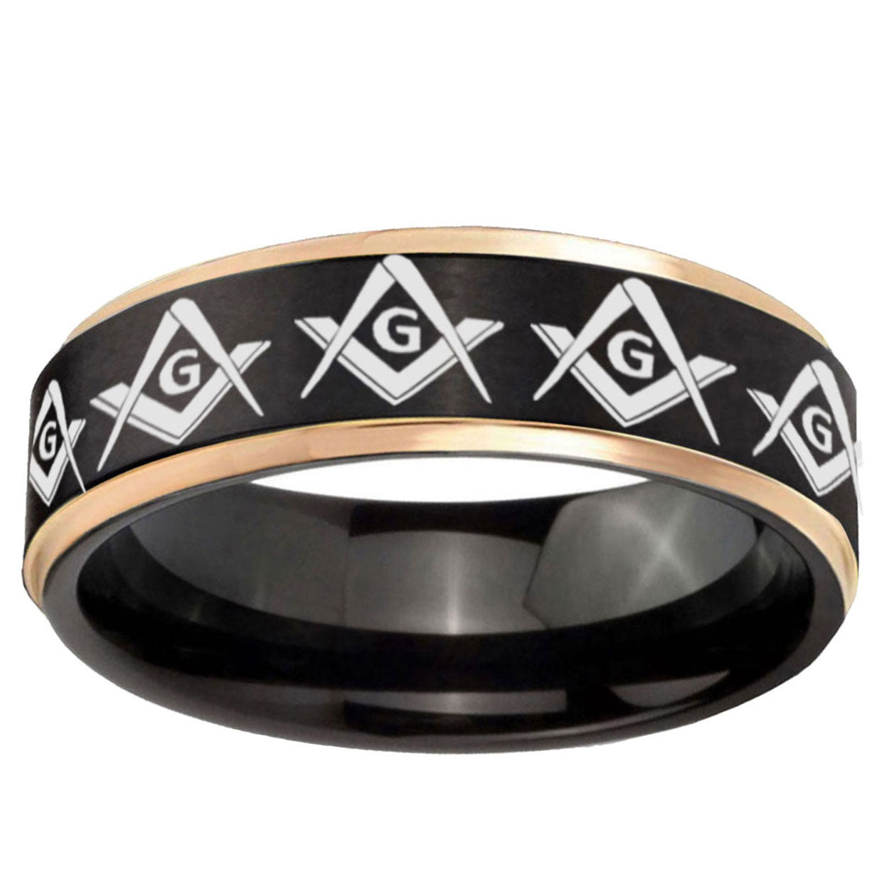 6mm Masonic Square Compass Rose Gold Step Edge Black Tungsten Band