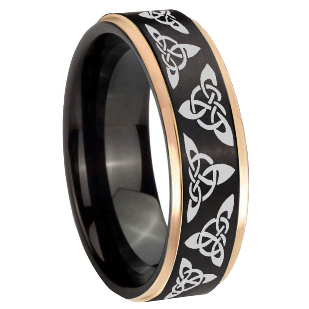 8mm Celtic Knot Rose Gold Step Edge Black Tungsten Ring
