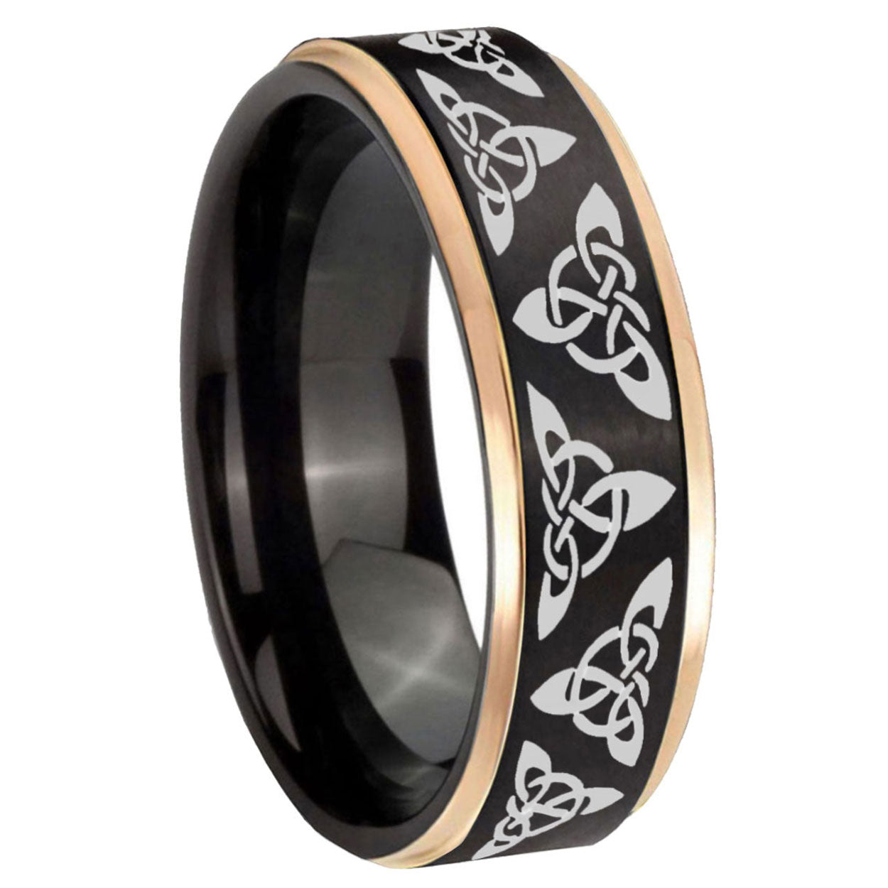 8mm Celtic Knot Rose Gold Step Edge Black Tungsten Ring