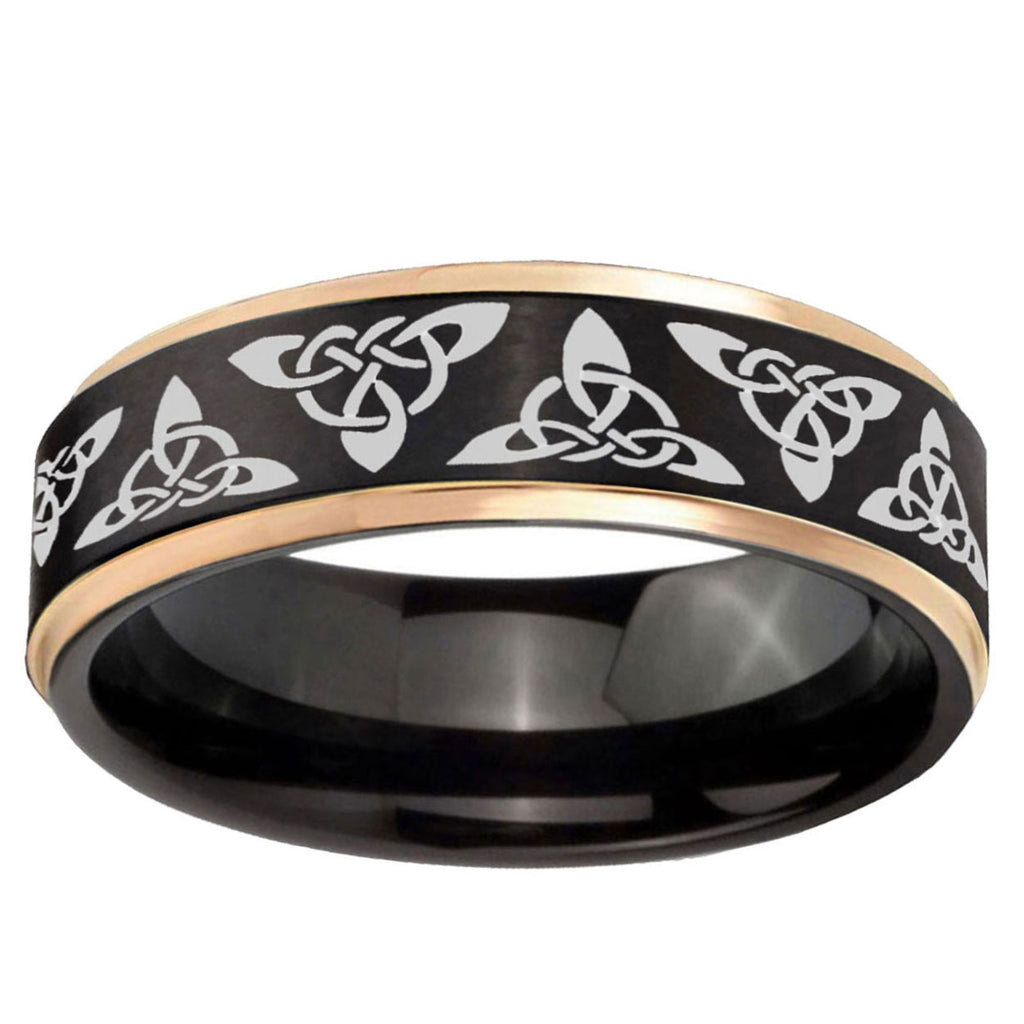 6mm Celtic Knot Rose Gold Step Edge Black Tungsten Ring