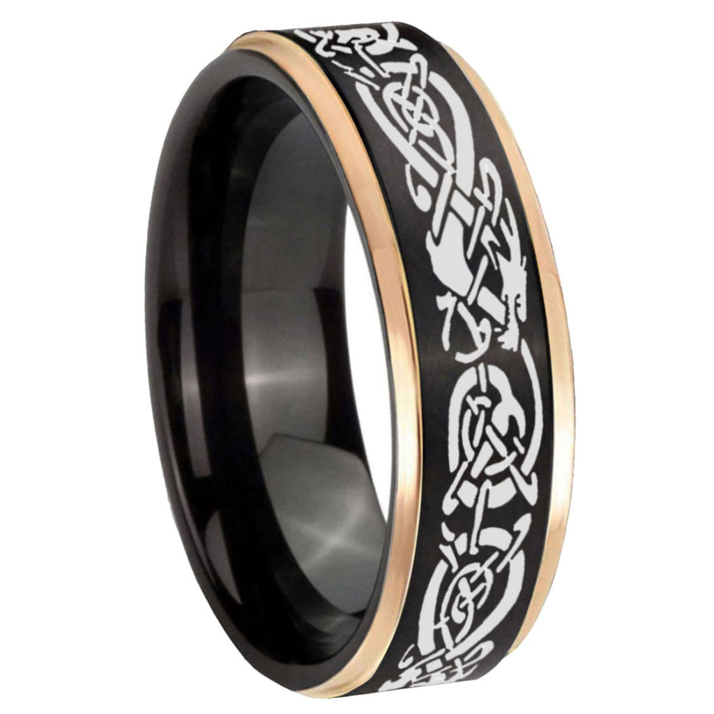 8mm Celtic Dragon Rose Gold Step Edge Black Tungsten Ring