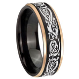 8mm Celtic Dragon Rose Gold Step Edge Black Tungsten Carbide Men's Wedding Ring