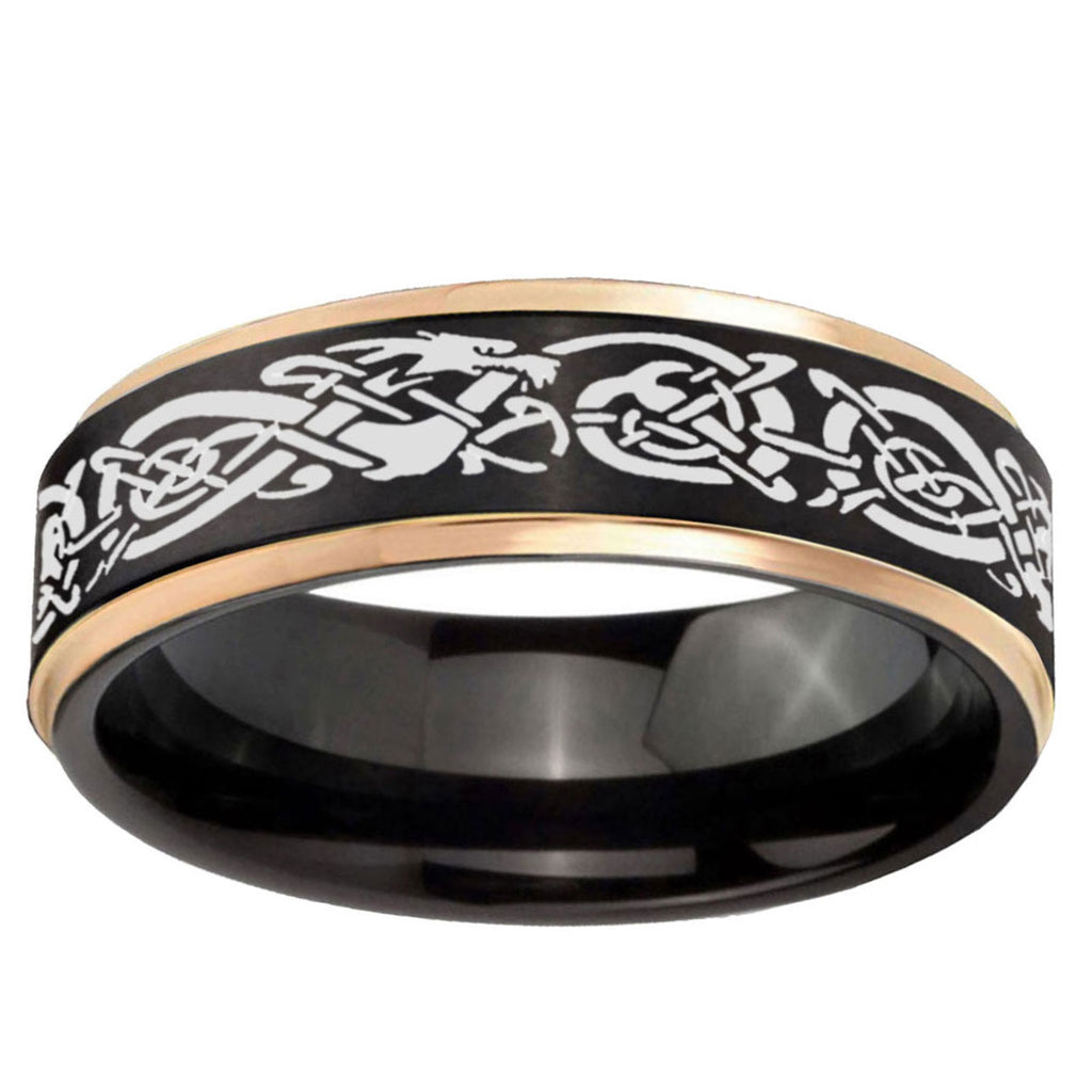 6mm Celtic Dragon Rose Gold Step Edge Black Tungsten Ring