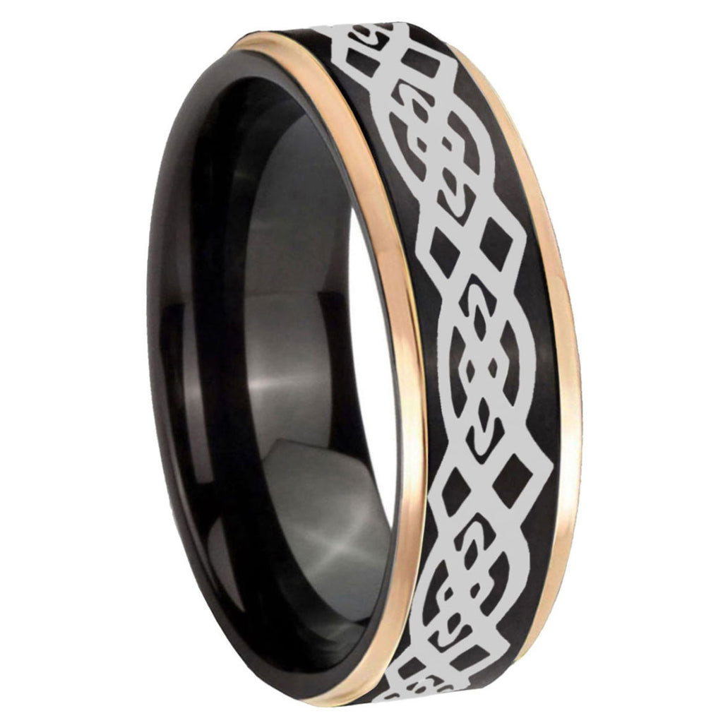8mm Celtic Knot Rose Gold Step Edge Black Tungsten Ring