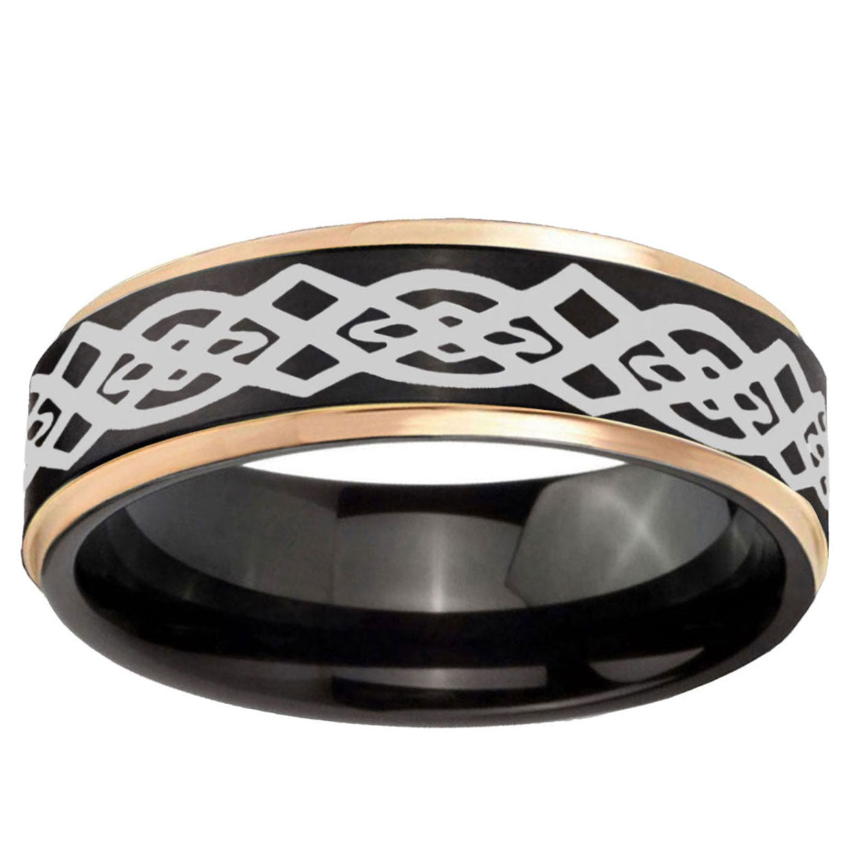 6mm Celtic Knot Rose Gold Step Edge Black Tungsten Ring