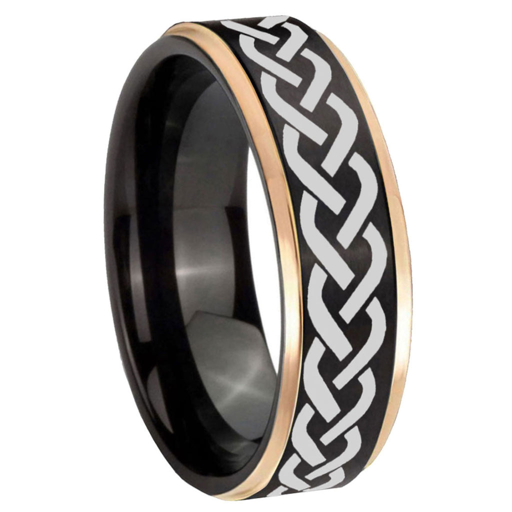 8mm Laser Celtic Knot Rose Gold Step Edge Black Tungsten Band
