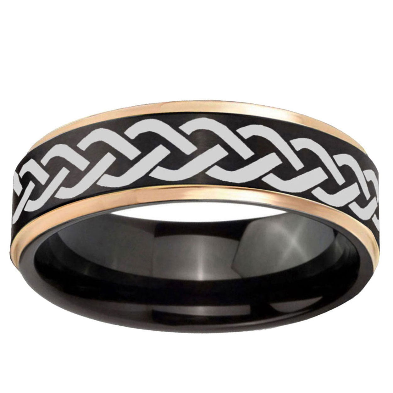 6mm Laser Celtic Knot Rose Gold Step Edge Black Tungsten Band