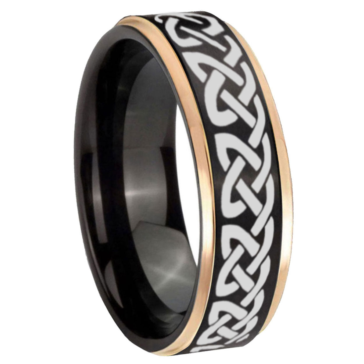 8mm Celtic Knot Love Rose Gold Step Edge Black Tungsten Ring