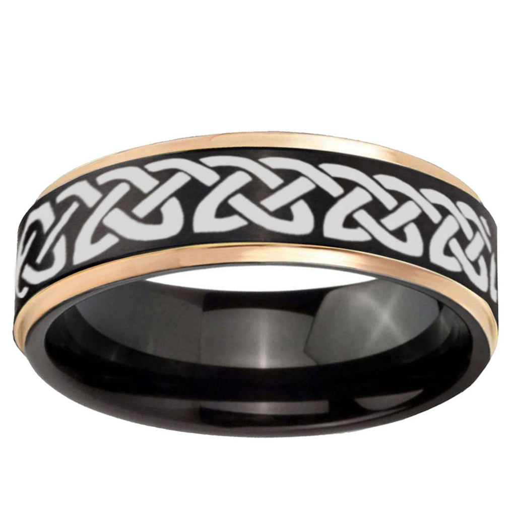 6mm Celtic Knot Love Rose Gold Step Edge Black Tungsten Ring