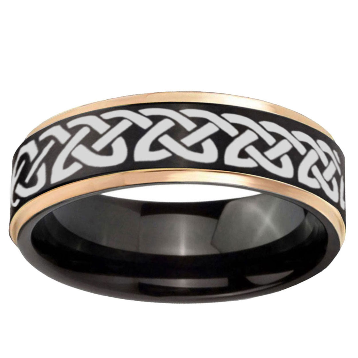 6mm Celtic Knot Love Rose Gold Step Edge Black Tungsten Ring