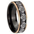 8mm Celtic Knot Heart Rose Gold Step Edge Black Tungsten Ring