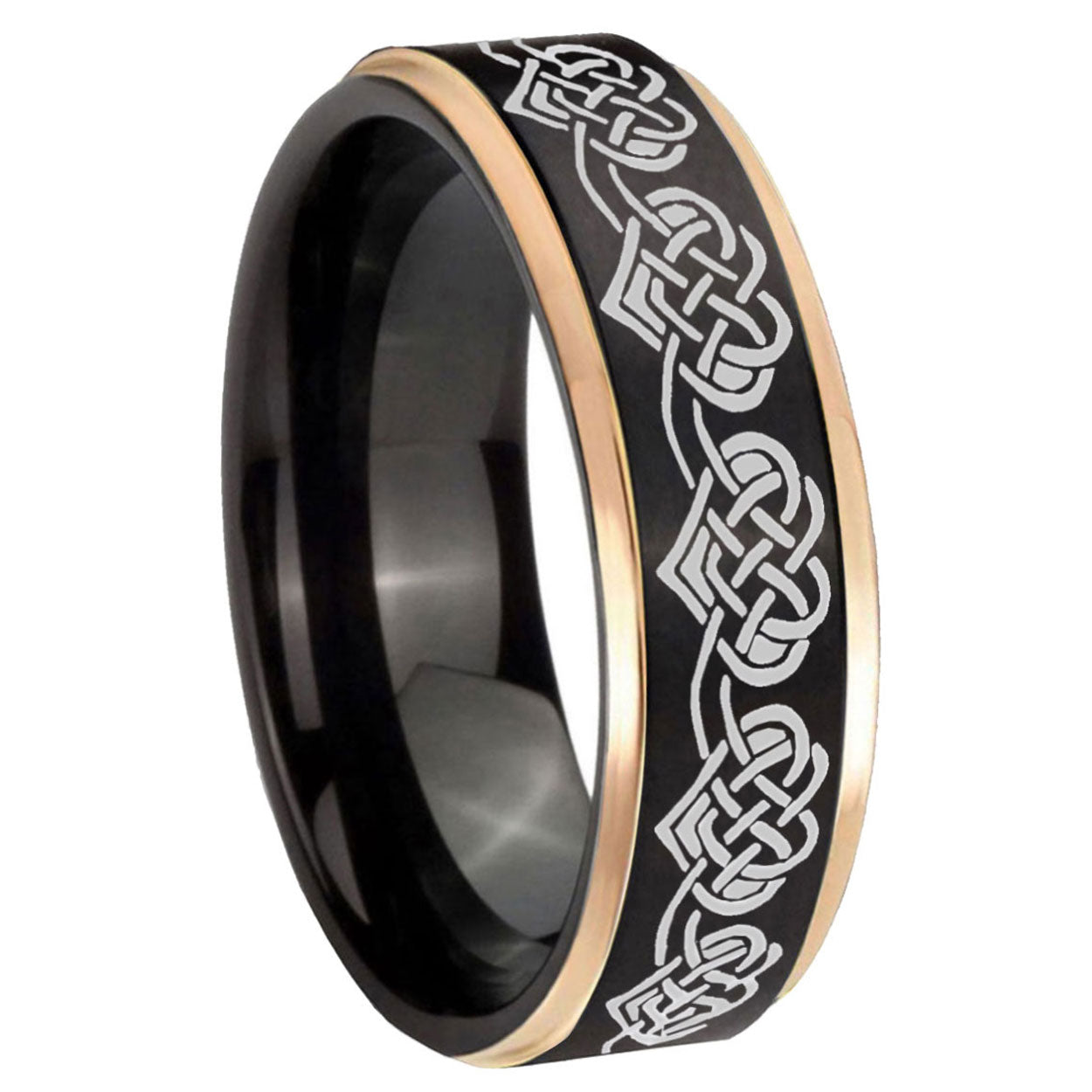 8mm Celtic Knot Heart Rose Gold Step Edge Black Tungsten Ring