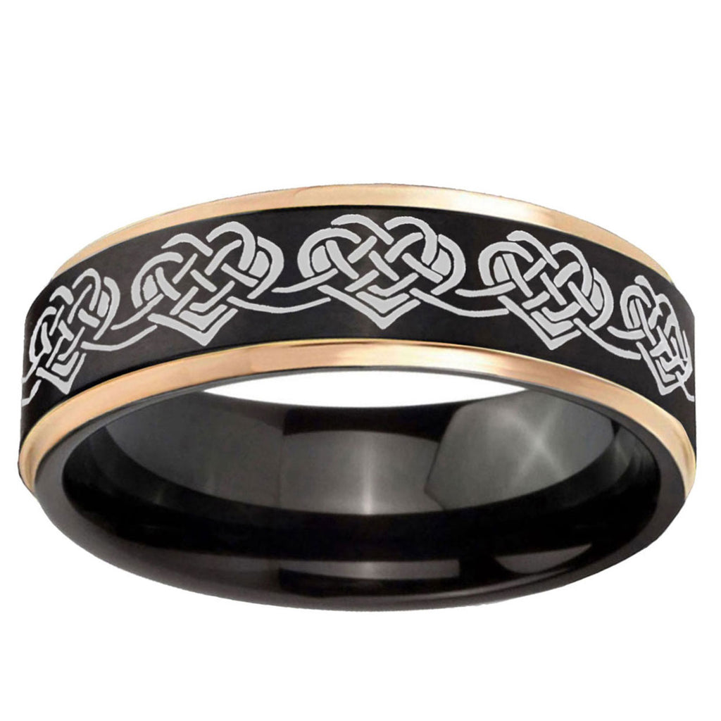 6mm Celtic Knot Heart Rose Gold Step Edge Black Tungsten Ring
