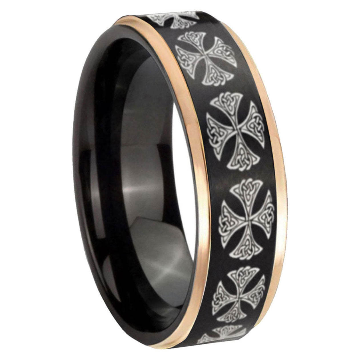 8mm Medieval Cross Rose Gold Step Edge Black Tungsten Mens Band