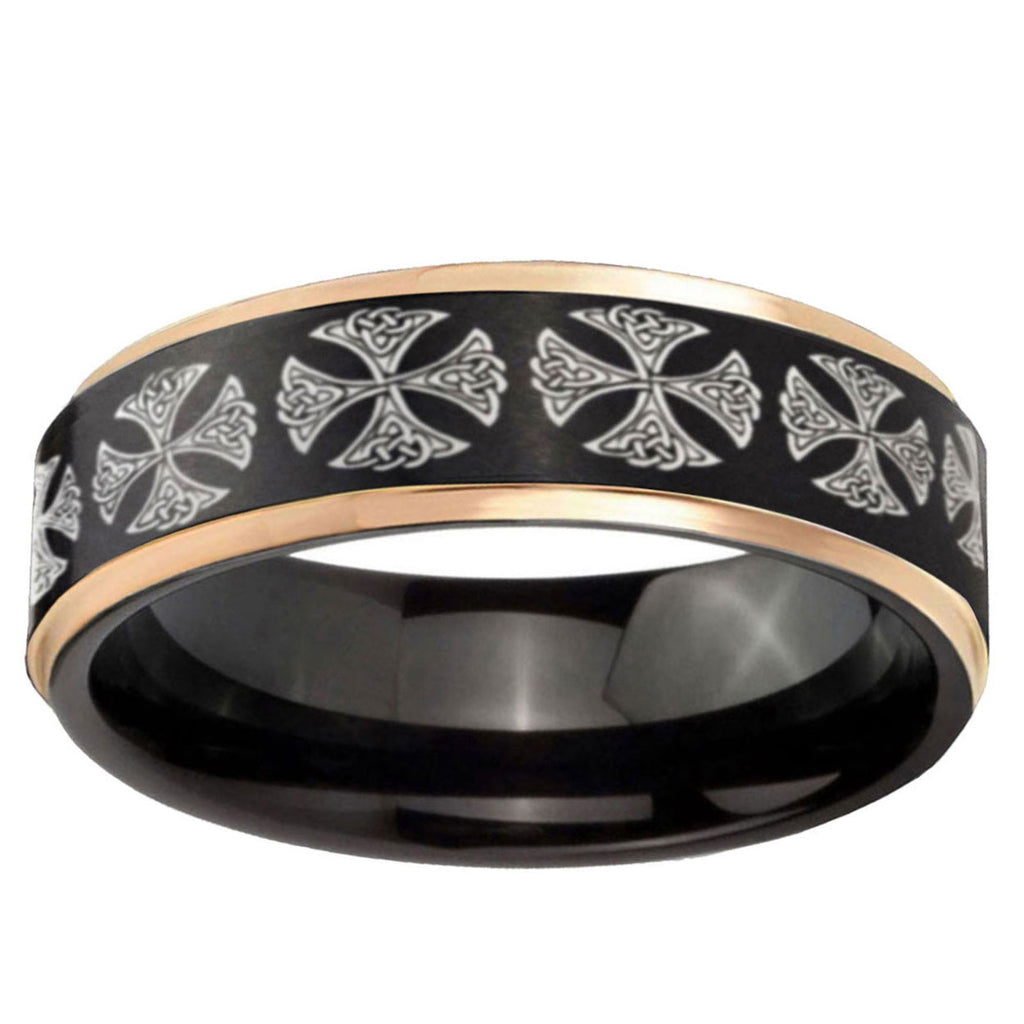 6mm Medieval Cross Rose Gold Step Edge Black Tungsten Mens Band