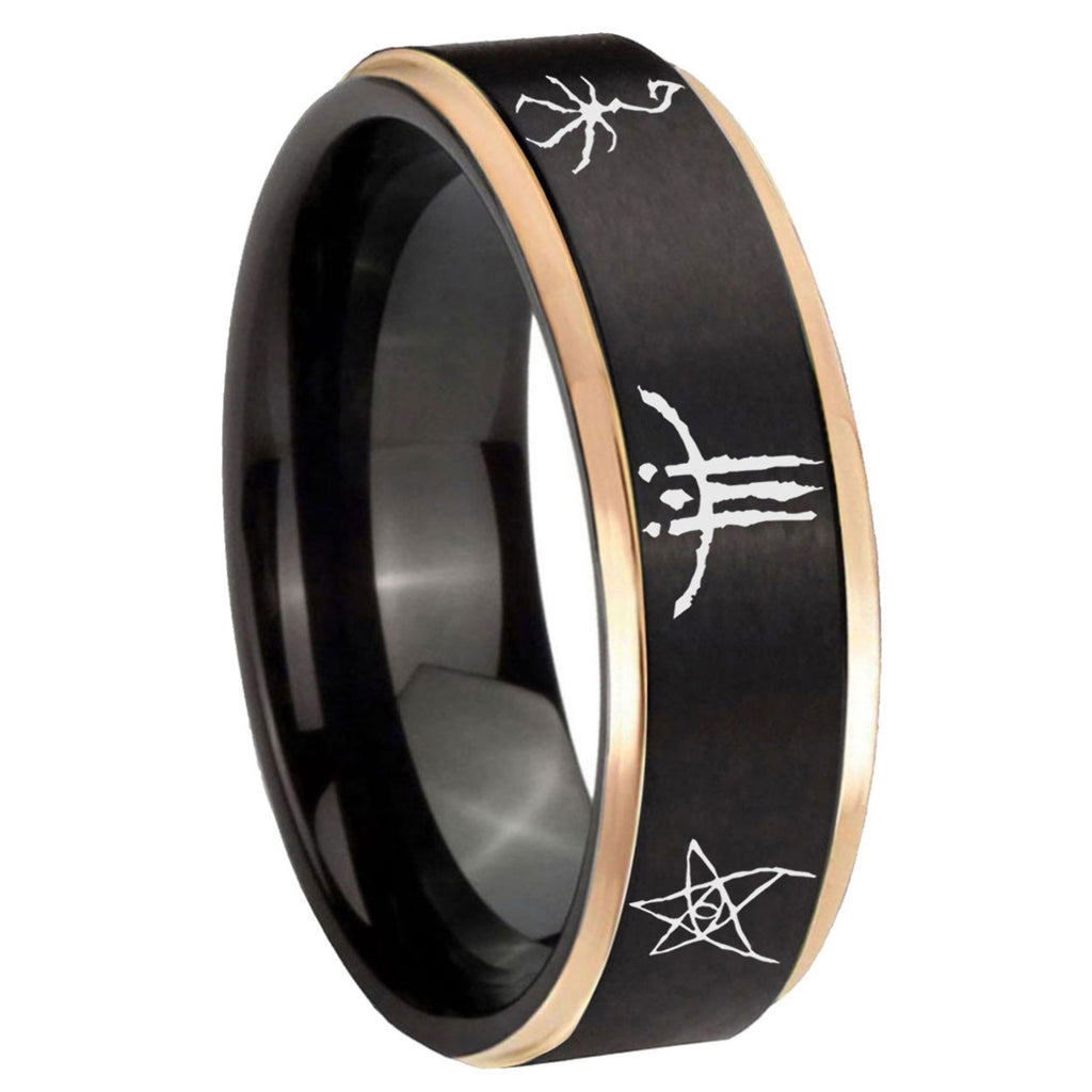 8mm Blackborne Caryll Runes Rose Gold Step Edge Black Tungsten Ring