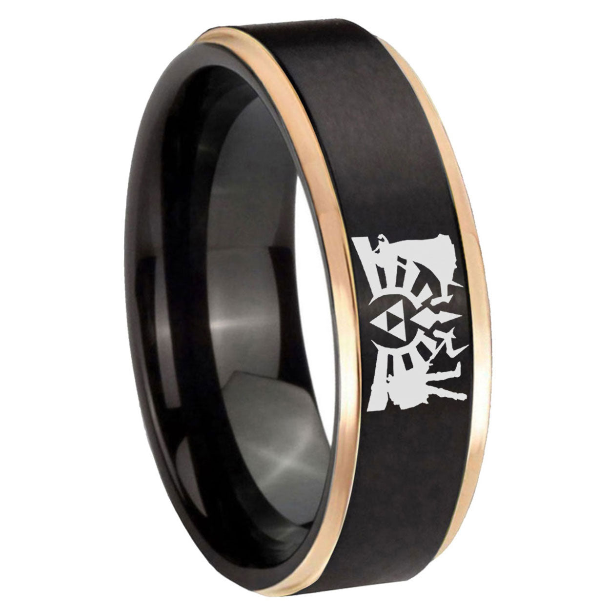 8mm Zelda Link Rose Gold Step Edge Black Tungsten Ring