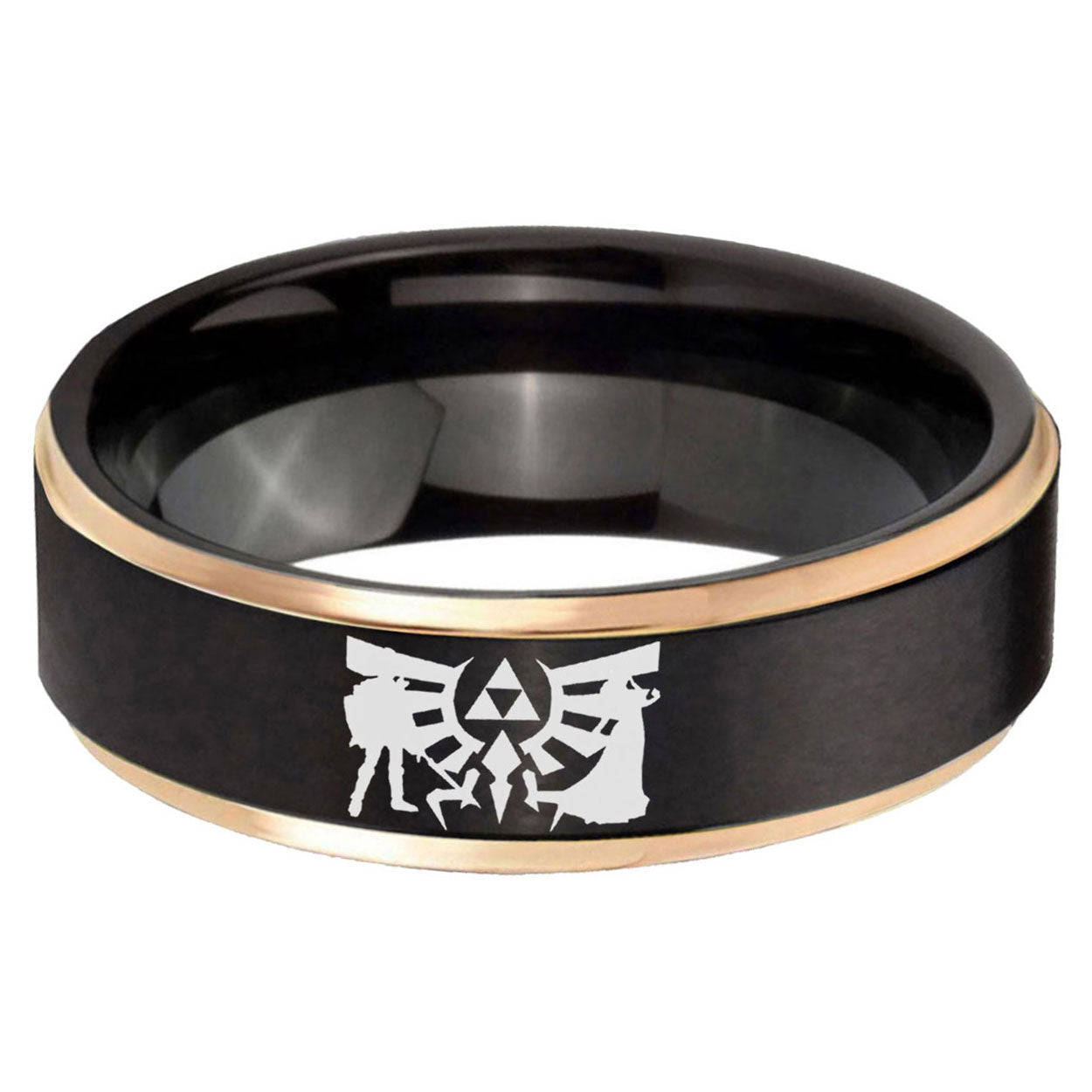 6mm Zelda Link Rose Gold Step Edge Black Tungsten Ring