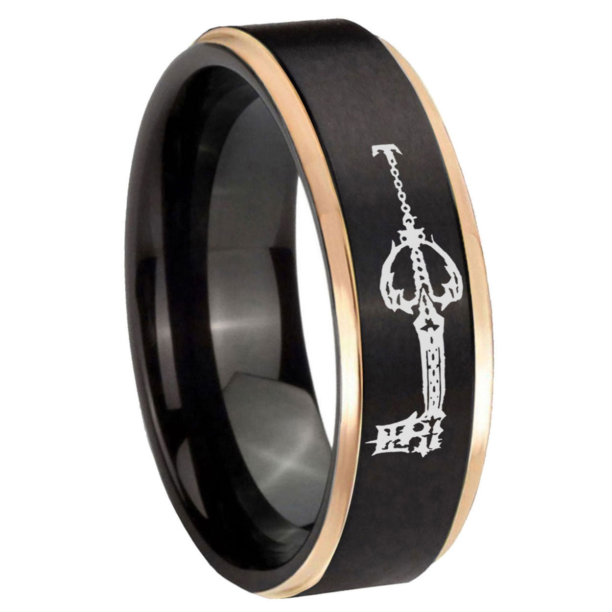 8mm kingdom heart keyblades Rose Gold Step Edge Black Tungsten Ring