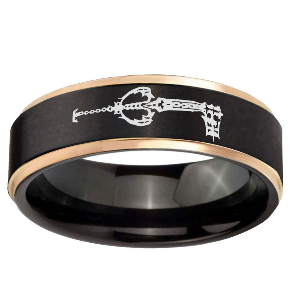 6mm kingdom heart keyblades Rose Gold Step Edge Black Tungsten Ring
