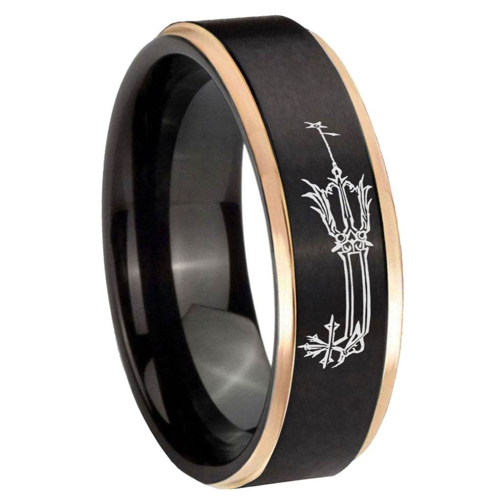 8mm Geekery Oathkeeper Kingdom Hearts Rose Gold Step Edge Black Tungsten Ring