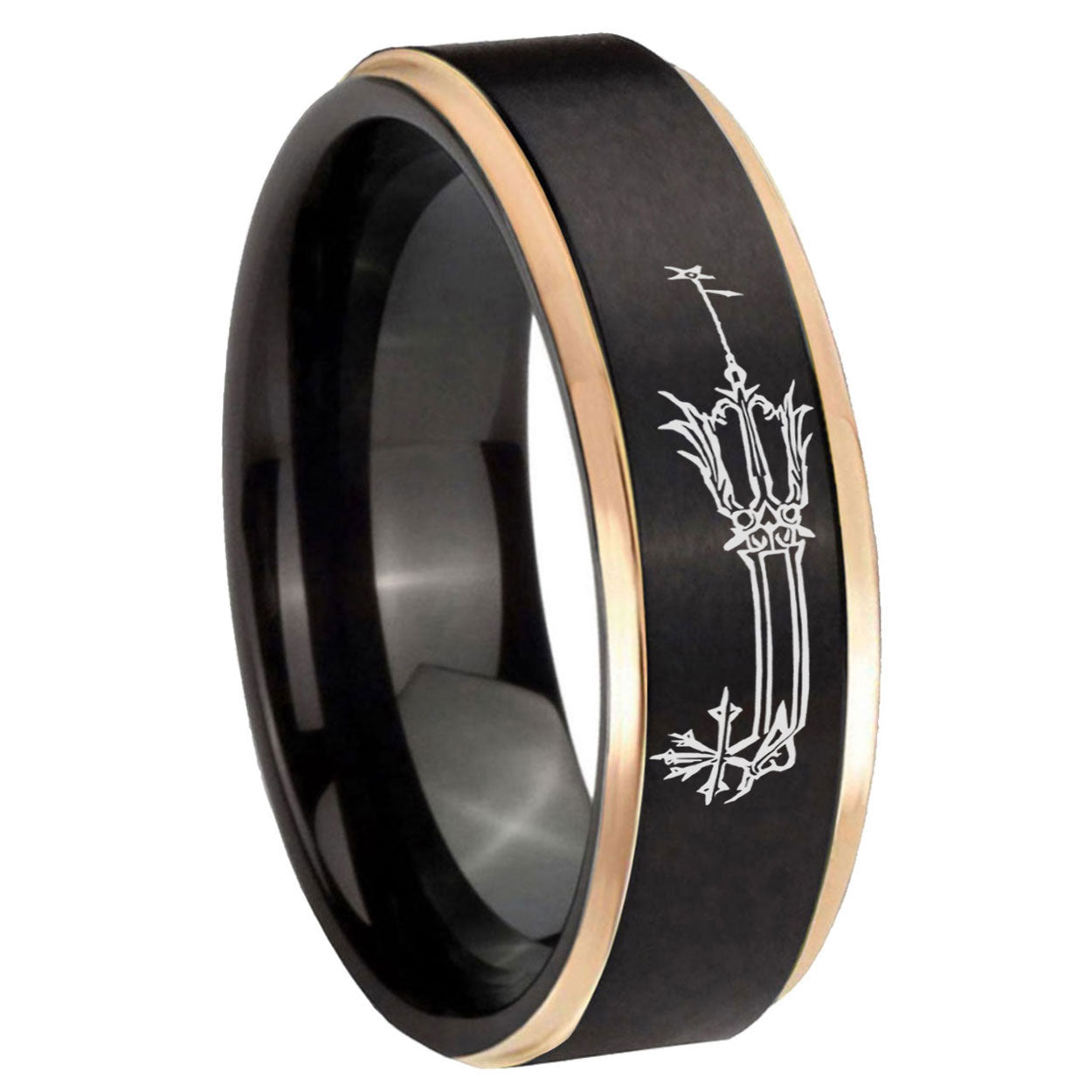 8mm Geekery Oathkeeper Kingdom Hearts Rose Gold Step Edge Black Tungsten Ring
