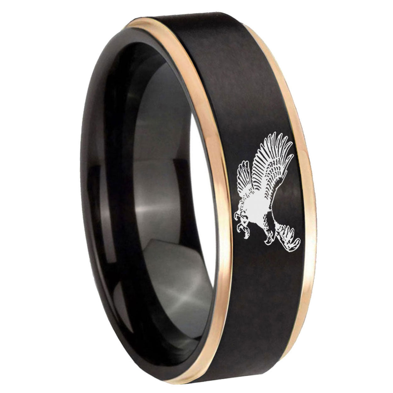 8mm Flying American Eagle Rose Gold Step Edge Black Tungsten Ring