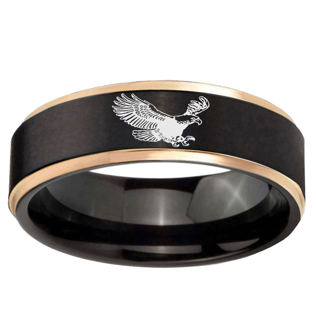 6mm Flying American Eagle Rose Gold Step Edge Black Tungsten Ring