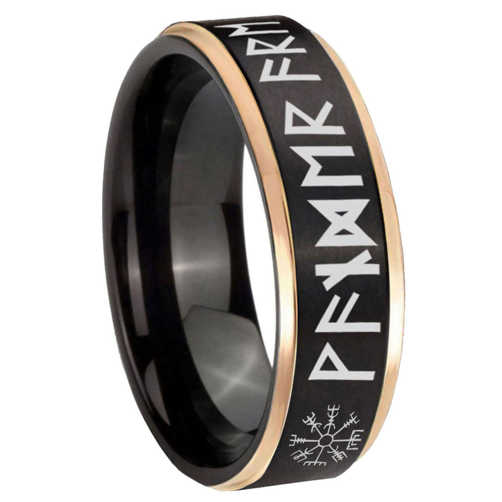 8mm Viking Rose Gold Step Edge Black Tungsten Ring
